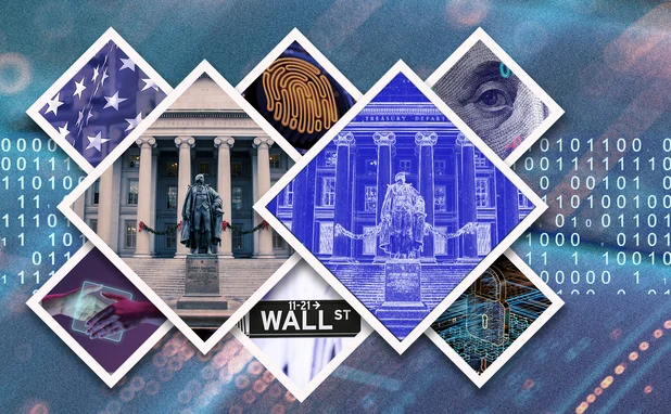 A montage of US Treasury building and tokenisation related images on binary code background 