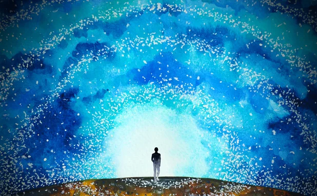 Illustration styled like a watercolour painting of a human standing on the horizon with a bright sky above