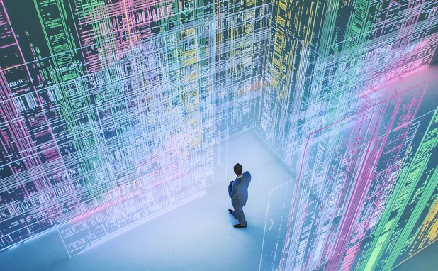 Businessman standing in VR environment, looking uncertain of what to do with the vast information in front of him