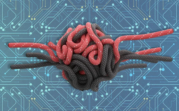 Twine unwinding against an electronic circuit board backdrop
