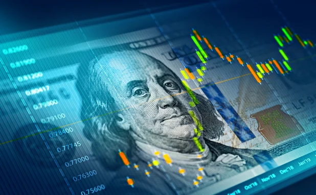 The stock market chart on 100 dollar bill background