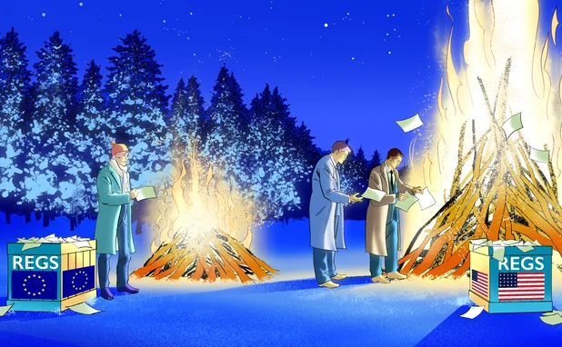 Illustration - US people are throwing regulations on a bonfire, while a UK person is reluctant to do so