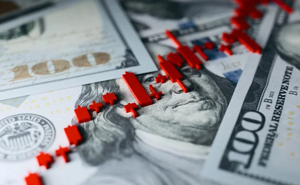 Dollars with red rising candlestick chart