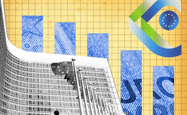 Montage of EC building, declining growth chart and Esma logo