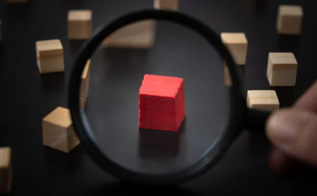 Magnifying glass  over a red wood block in a group of other blocks