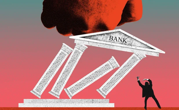 illustration of a giant fist smashing down a bank from above