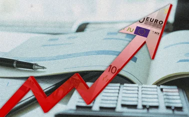 An upward-moving arrow overlaid with a euro currency image is superimposed over some financial report documents