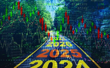 Trading data superimposed over winding road with future years written on it