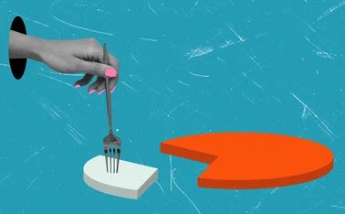 A hand taking a piece of a pie chart with a fork