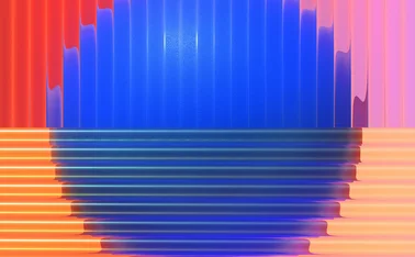 Modern abstract image featuring a large blue circular form blending into orange and pink gradient lines, creating a futuristic and symmetrical design.