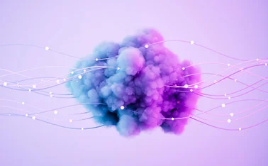 A cloud, representing cloud computing, has flowing lines moving through it to represent usage