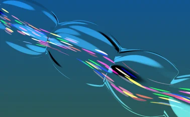 Abstract blue bubble-like shapes with streaks of colorful light flowing through them, creating a dynamic motion effect on a blue-to-green gradient background