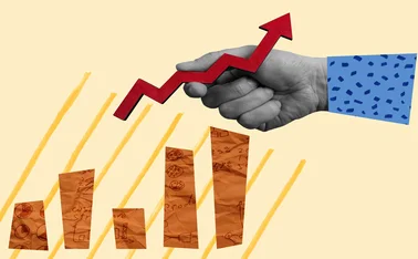 A hand is moving the line section of a line and bar chart