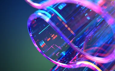 Futuristic 3D DNA helix with neon digital overlays symbolizing artificial intelligence, machine learning, and advanced data processing in biotech and computational science