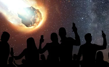 People holding mobile phones up are silhouetted against a night sky where an asteroid is headed towards earth