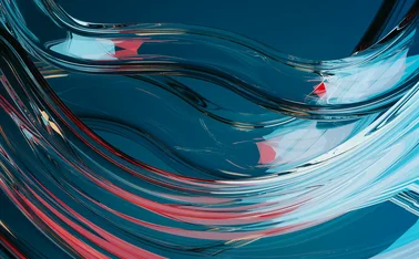 Fluid abstract design of translucent, glass-like ribbons in blue and red tones, creating a sense of motion and depth