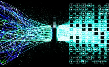 Large, net-style lines of digital data flow into a computer, exiting in more compressed and ordered lines
