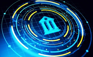 Glowing banking icon in neon digital style, surrounded by converging glowing circles