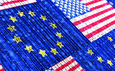 European and US flags composed of binary data streams