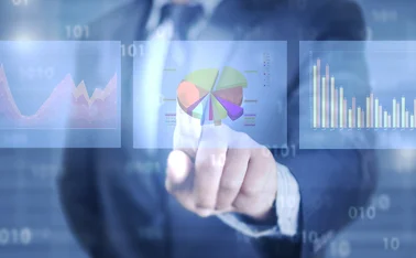 Finger pointing on virtual screen of financial charts