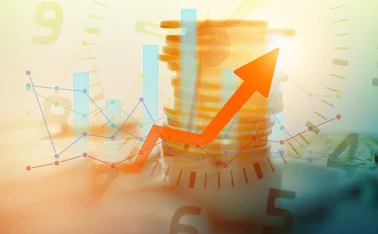 chart, coins, arrows double exposure