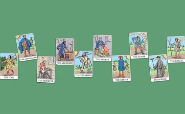Illustration of tarot cards on a green background, with each tarot card representing one of the risks