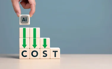 Some building blocks, with ‘costs’ written at the bottom, green ‘down’ arrows above that, and an AI block being rested on top