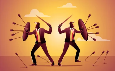 Cartoon of businessmen using shields to protect against arrows that have been fired at them