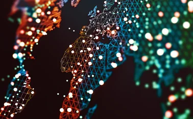3D rendering of a world map dotted with glowing circular data points 