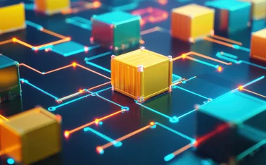 3D illustration of colorful cubes connected by glowing lines on a digital grid, representing data networks and distributed computing