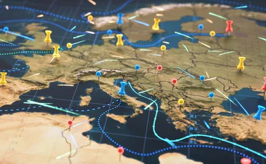 European routes shown on a relief map with pins in certain locations