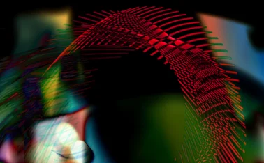 Abstract digital art featuring a glowing red geometric wave or mesh structure on a dark background with colorful blurred light effects, representing futuristic data flow, AI networks and technology visualisation