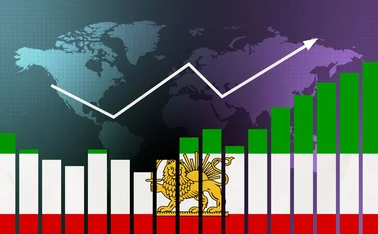 A rising bar chart superimposed with the Iran flag