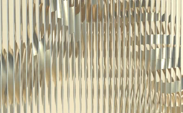 Abstract reflective vertical lines forming a fluid, wave-like pattern, symbolizing AI data flow, signal processing, and the simplification of complex information into streamlined digital systems