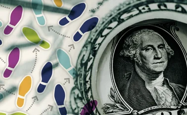 A dollar bill has some dance move foot placements superimposed over it