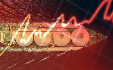 LNG tanker at sea with overlay of red rising price graph line 