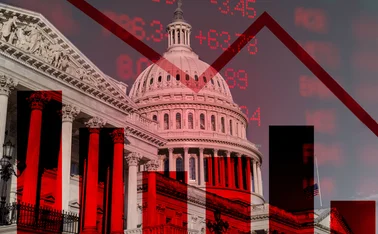 US Senate building overlaid with diverging blue and red CPI lines