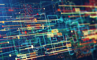Abstract 3D quantum circuit network visualisation with glowing data nodes and intricate digital connections
