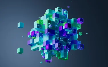 Abstract image of digital readouts on boxes floating in the ether