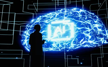 A scientist-looking woman checks a clipboard in from of a holographic AI brain