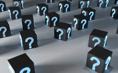 3D rendering of black boxes covered in glowing blue question marks