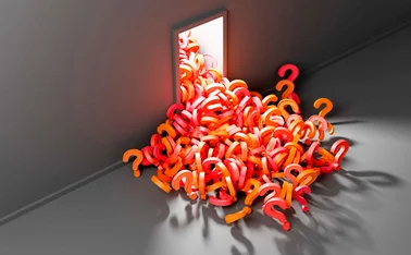 Illustration of lots of 3D question marks spilling through an open door