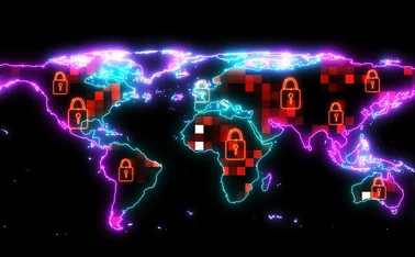 3D render of red padlocks over digital map of the globe with red blocks indicating cyber security breaches