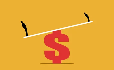 two men, either side of a seesaw, with the seesaw pivoting on a dollar sign and tipping down under the weight of the taller man