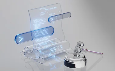Transparent plastic sheets showing AI code being scrutinised in front of a judge’s gavel made of transparent plastic
