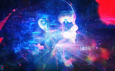 AI-generated face in a dreamlike digital landscape
