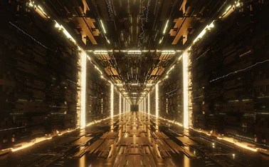 Long metallic tunnel lined with bright golden light frames and complex geometric surfaces, creating an advanced technology infrastructure, data network and cybersecurity concept