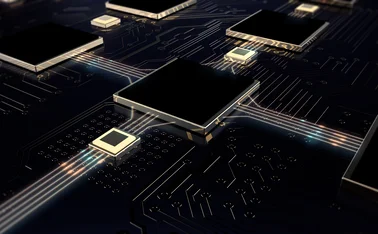 3D illustration of a printed circuit board (PCB) with interconnected microchips, semiconductor processors, glowing data pathways, and advanced computer hardware for AI, computing, and digital technology