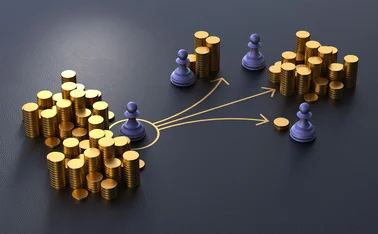 A pile of gold coins is seen to the left, then a serious of arrows leading away from that pile lead to three other areas of coins