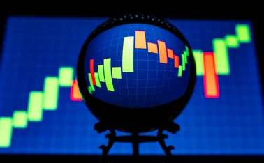 A candlestick chart viewed through a crystal ball
